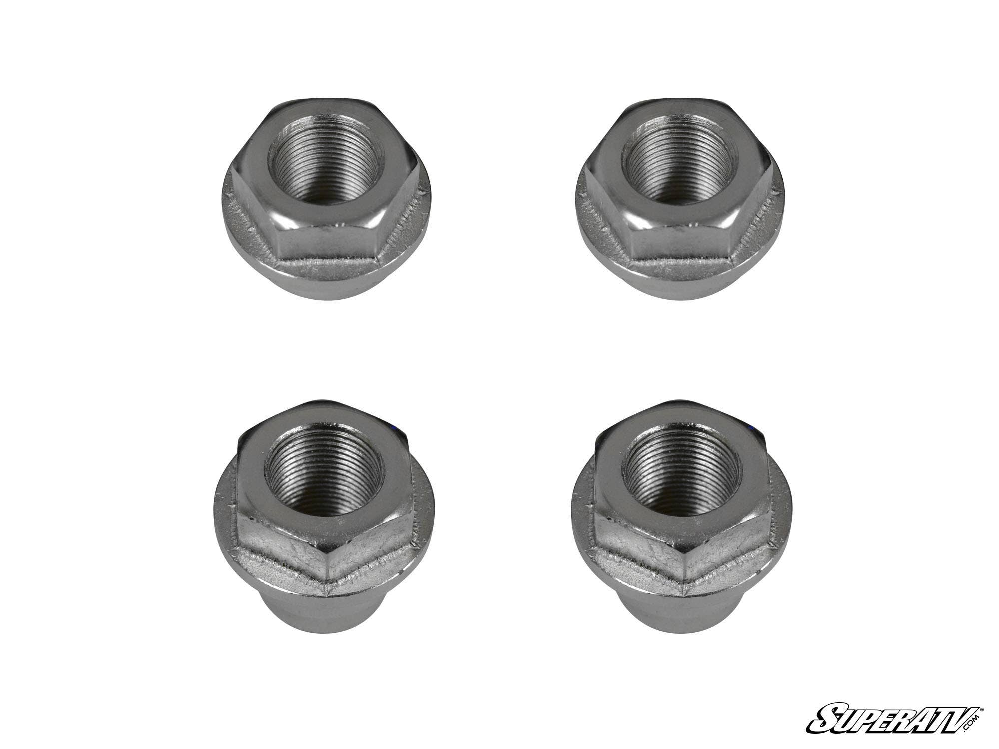 Four shiny hexagonal lug nuts from the Polaris Ranger Midsize 570 Portal Gear Lift Recessed Nut Kit are arranged in a square on a white background, with the “SuperATV” logo in the bottom right corner.