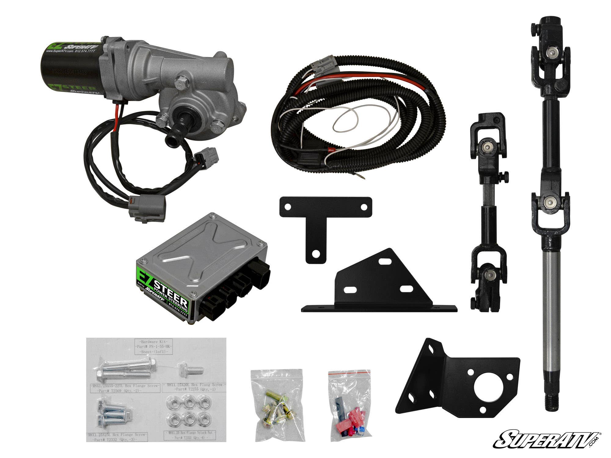 The image shows a Polaris Ranger Midsize 570 Power Steering Kit with motor, ECU, wiring harness, brackets, universal joints and shafts, hardware packs, and connectors laid out on a white background with a SuperATV logo in the bottom right.