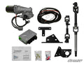 The Polaris Ranger Midsize 500 Power Steering Kit is displayed on a white background with a motor, wiring harness, control box, mounting brackets, steering column with universal joints, hardware packs, connectors, and the SuperATV logo in the bottom right