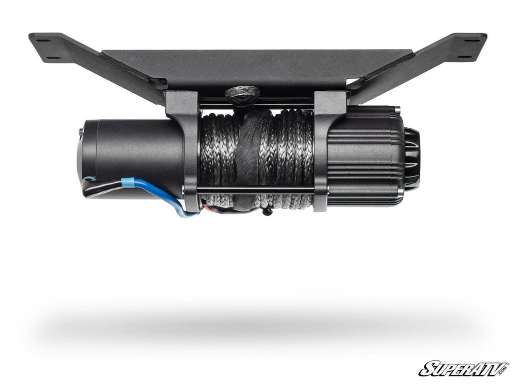 The Polaris Ranger SP 570 Ready-Fit Winch, featuring a black housing and synthetic rope, is mounted on a rectangular steel plate. The image shows the winch facing left with visible wiring on a white background and the SuperATV logo in the bottom right.