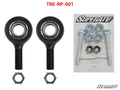 Two black rod end bearings with threaded shafts and nuts are on the left; on the right, a clear package holds bolts, nuts, washers, and cotter pins. Polaris Ranger XP 1000 Heavy-Duty Tie Rod End Replacement Kit is labeled with SuperATV logos.