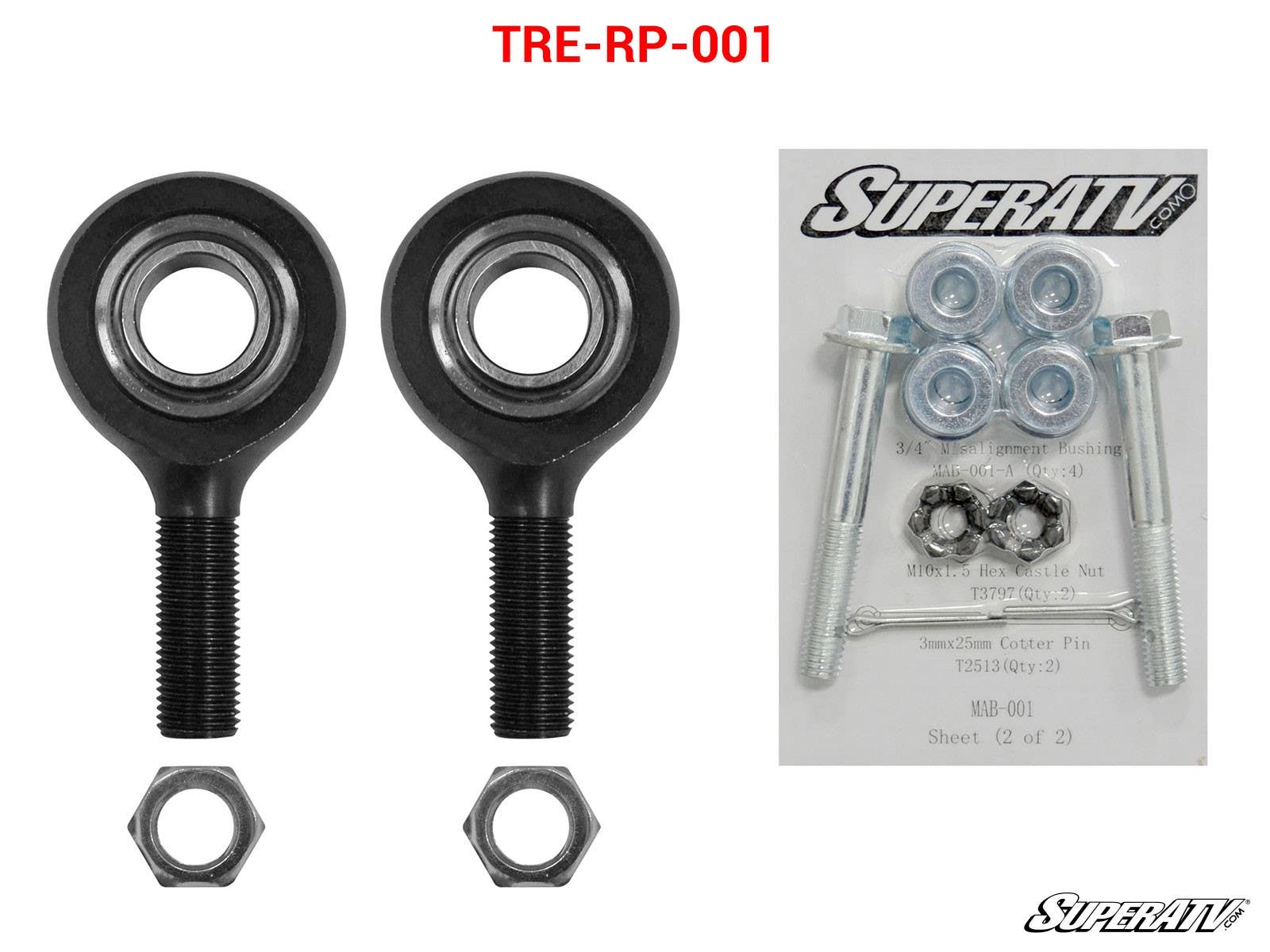 Two black rod end bearings with threaded shafts and nuts are on the left; on the right, a clear package holds bolts, nuts, washers, and cotter pins. Polaris Ranger XP 1000 Heavy-Duty Tie Rod End Replacement Kit is labeled with SuperATV logos.
