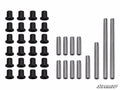 The Polaris Ranger XP 570 A-Arm Bushings kit includes 24 black bushings in four rows and 10 assorted metal rods, all organized by size. The SuperATV logo is displayed at the bottom right on a white background.