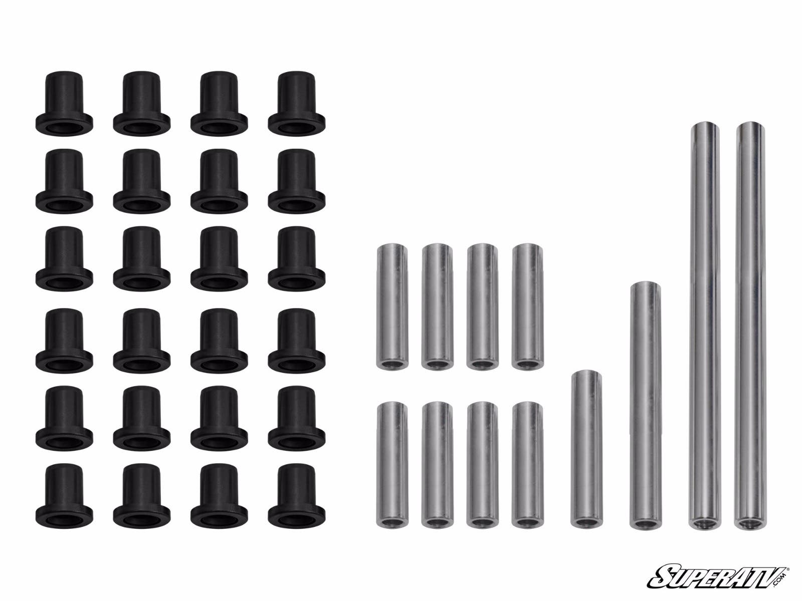 The Polaris Ranger XP 570 A-Arm Bushings kit includes 24 black bushings in four rows and 10 assorted metal rods, all organized by size. The SuperATV logo is displayed at the bottom right on a white background.