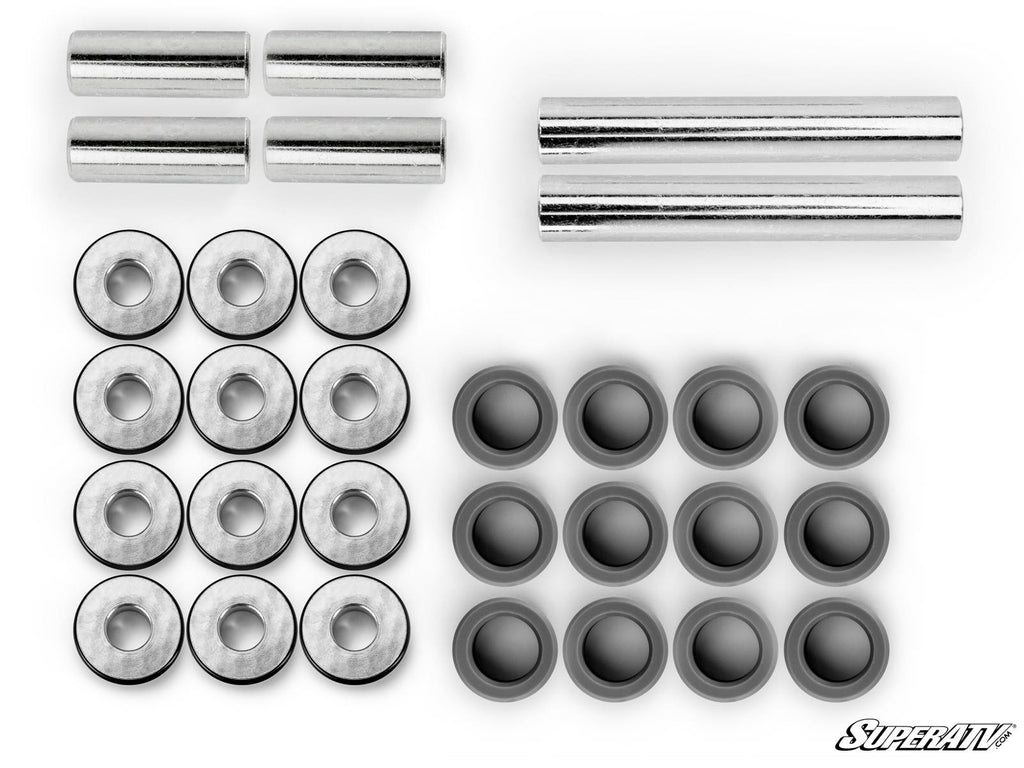 The Polaris Ranger XD 1500 A-Arm Bushings set is displayed on a white background, featuring four short metal pins, two long rods, eight washers, and eight gray cylindrical bushings. SuperATV branding appears in one corner.