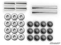 The Polaris Ranger XD 1500 A-Arm Bushings set is displayed on a white background, featuring four short metal pins, two long rods, eight washers, and eight gray cylindrical bushings. SuperATV branding appears in one corner.