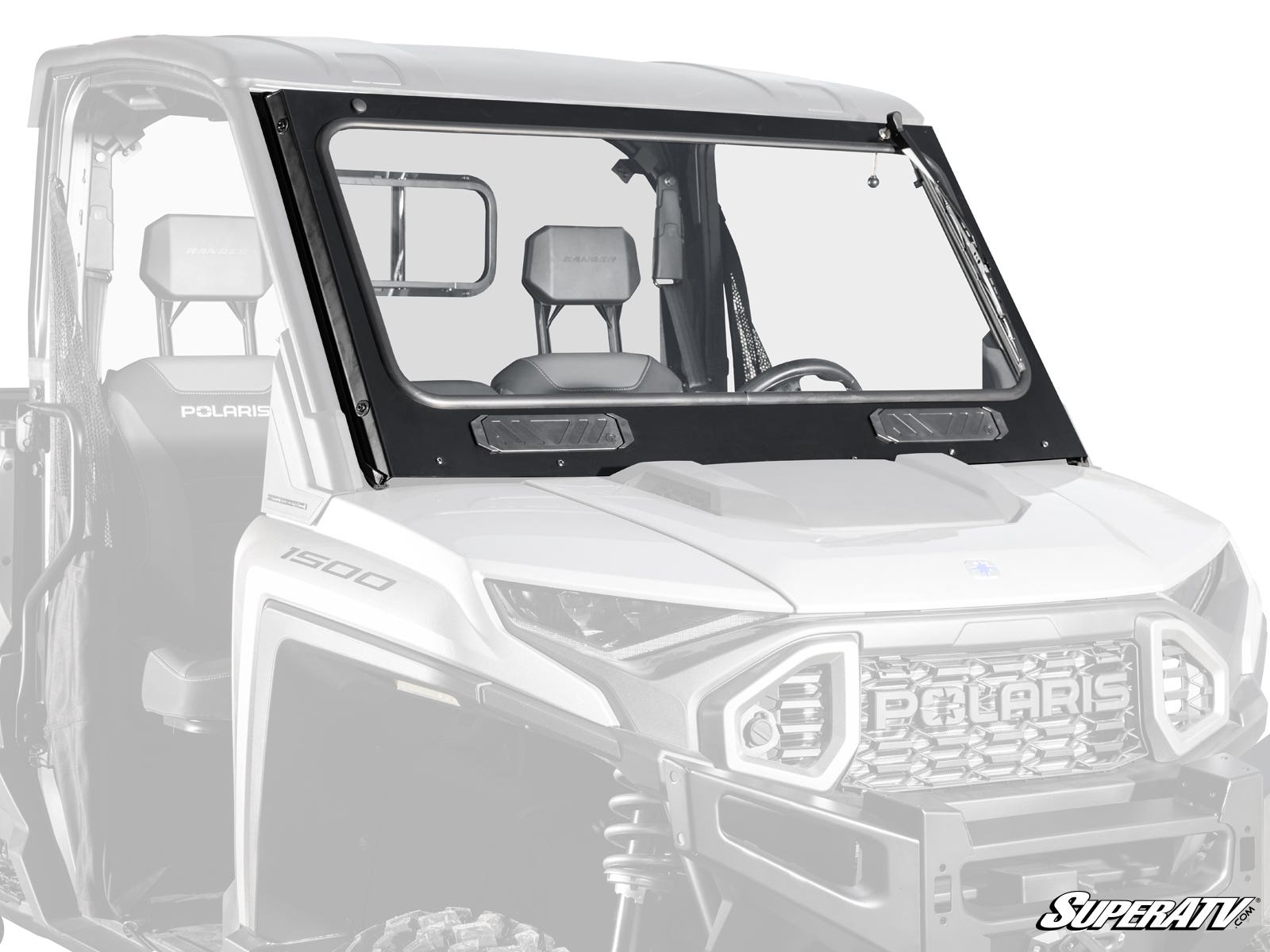 A Polaris Ranger XD 1500 Glass Windshield, featuring a clear, scratch-resistant flip-up design with black hinges and brackets, is installed on a white Polaris off-road vehicle. The SuperATV logo appears in the bottom right corner.