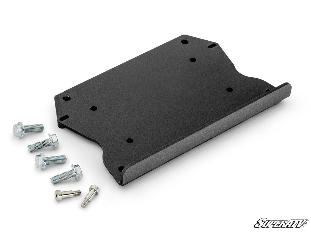 The Polaris Ranger XD 1500 Winch Mounting Plate is shown in black metal with a raised edge and pre-drilled holes, alongside six silver bolts and screws on a white background. The SuperATV logo is in the bottom right corner.
