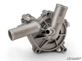 The Up & Running Polaris Ranger 1000 Water Pump is a metallic, cylindrical unit with ribbed reinforcement, machined surfaces, multiple mounting bolts, and two hose inlets. It appears on a white background with the SuperATV logo in the bottom right corner.