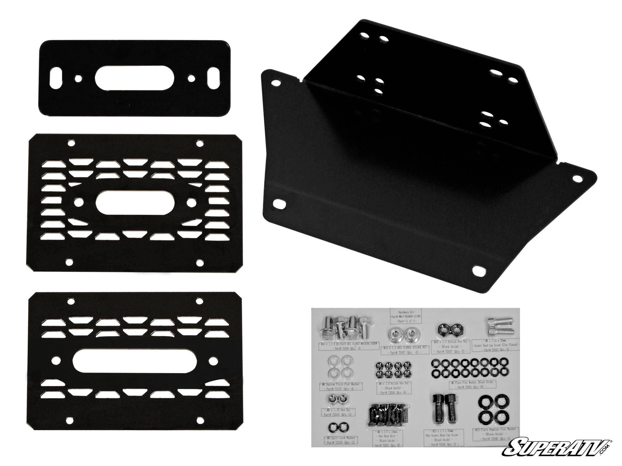 Four black metal Polaris Ranger XP 900 Winch Mounting Plates with various cutouts and holes are arranged on a white background. At bottom right are assorted screws, nuts, bolts, washers, assembly instructions, and the SuperATV logo.