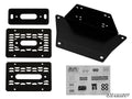 The image displays four black metal Gravely Atlas JSV Winch Mounting Plates in assorted shapes with holes and grills, plus hardware (screws, bolts, washers) and two brackets, all arranged on a white background with a SuperATV logo.