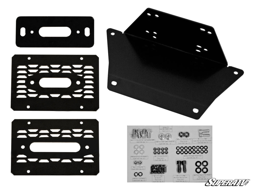 Four Polaris Ranger XP 1000 Winch Mounting Plates with various cutouts and screw holes are arranged on the left and top right, with a labeled hardware kit—containing screws, nuts, and washers—at bottom right. The SuperATV logo appears in the lower right c