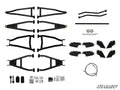 The Polaris Ranger XP 800 6 Lift Kit includes black metal A-arms, rods, brackets, bolts, bushings, washers, rubber boots, a cable, and hardware arranged on a white background with the SuperATV logo in the bottom right corner.