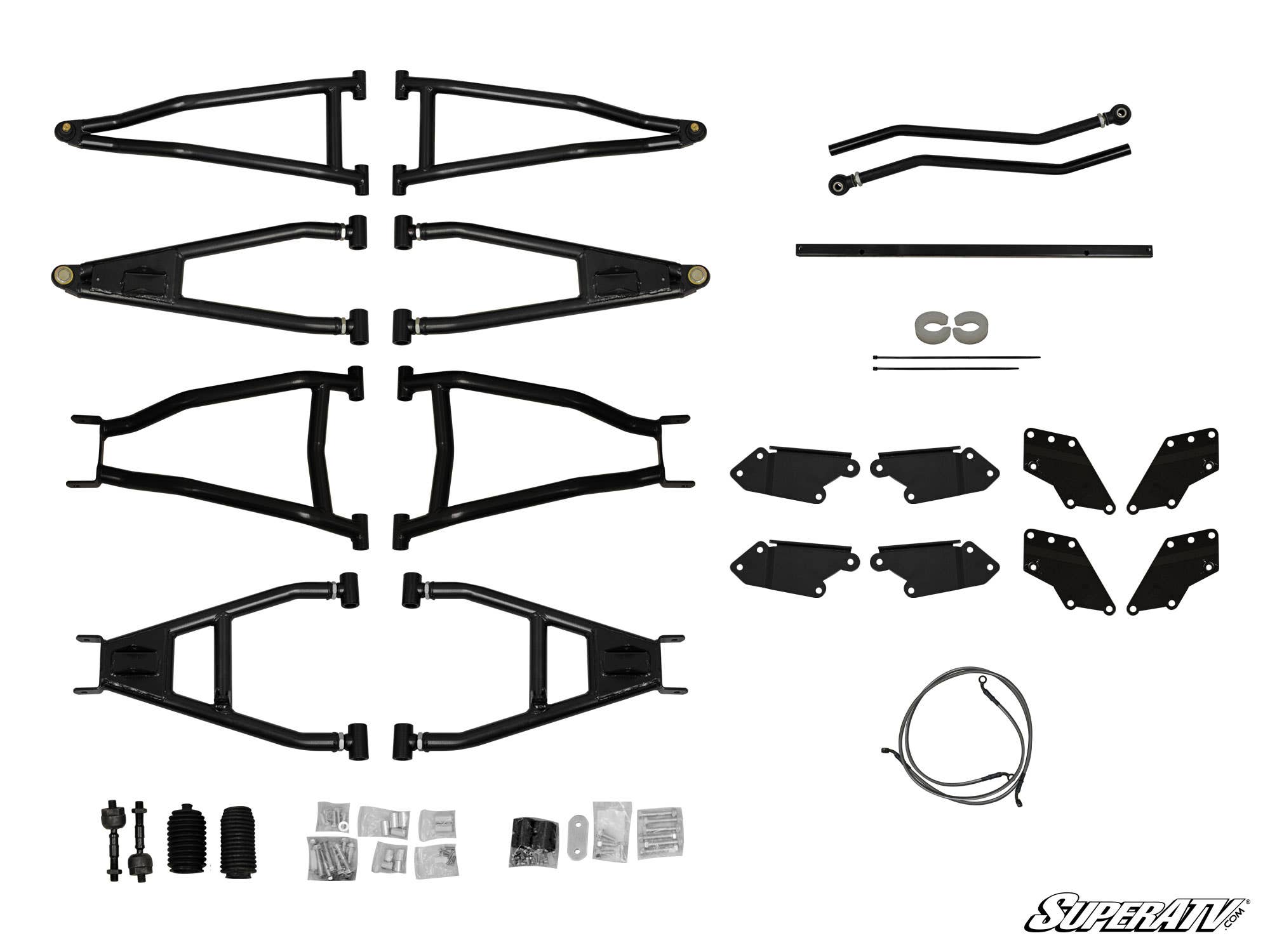 The Polaris Ranger XP 800 6 Lift Kit includes black metal A-arms, rods, brackets, bolts, bushings, washers, rubber boots, a cable, and hardware arranged on a white background with the SuperATV logo in the bottom right corner.