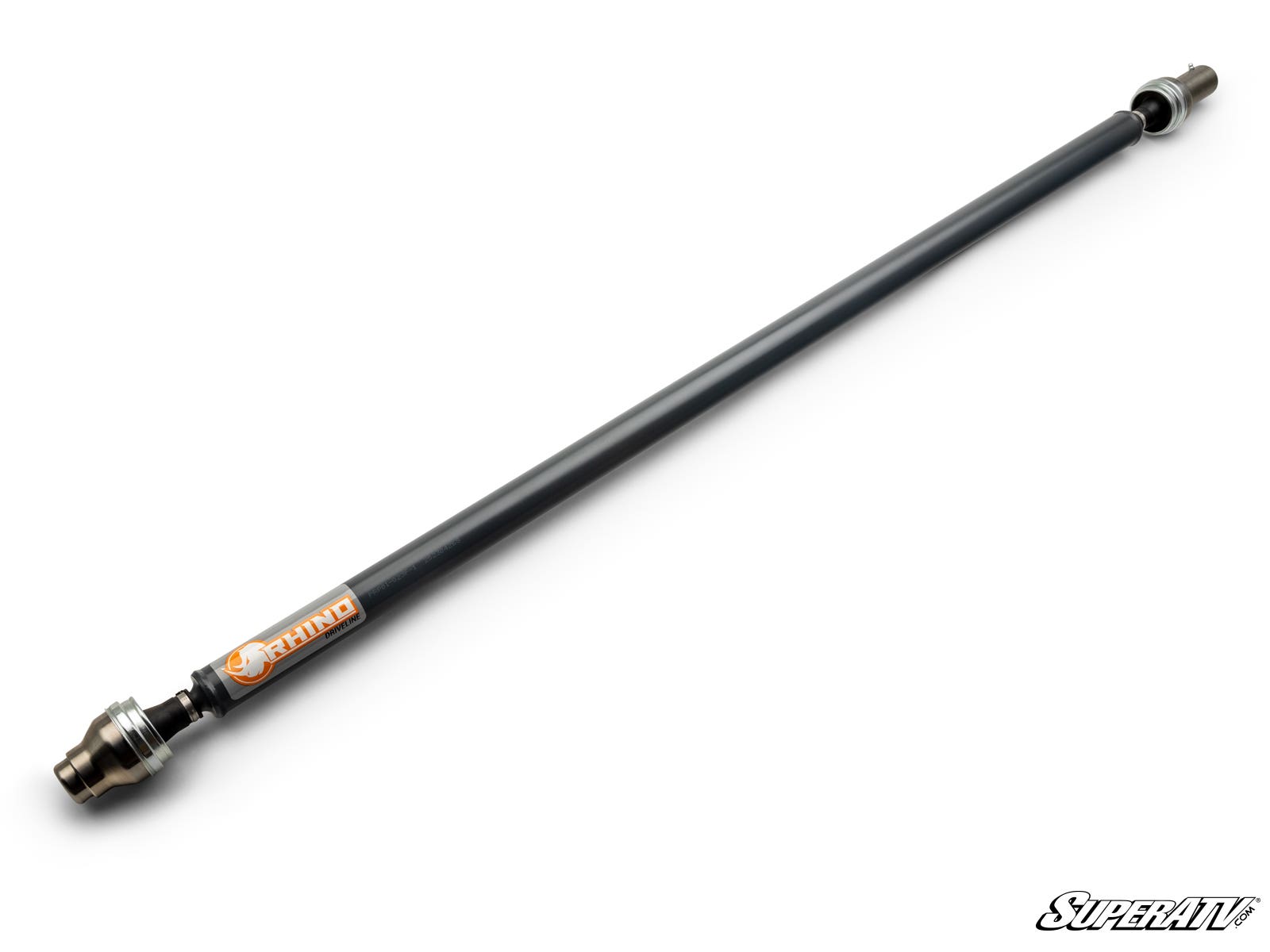 A Polaris RZR 570 Heavy-Duty Prop Shaft Rhino Driveline lies diagonally on a white background, featuring joints, hardware at both ends, an orange “RHINO” label on the shaft, and the stylized “SuperATV” logo in the bottom right corner.
