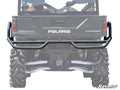 Rear view of a black Polaris Ranger XP 1000 with large rugged tires, suspension, and a matte black Rear Extreme Bumper With Side Bed Guards by SuperATV for added protection and utility along the cargo areas back.