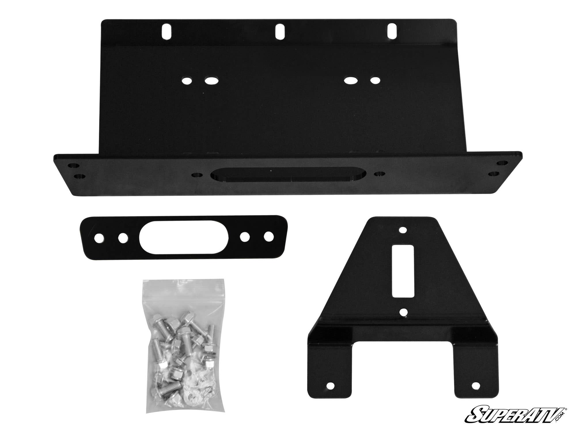 The Polaris Ranger XP Winch Mounting Plate kit is shown on a white background with a large black plate, small bracket, oval fairlead plate, and a bag of bolts/hardware; the SuperATV logo is in the bottom right corner.