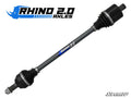 A black and silver Polaris RZR 800 Big Lift Kit Heavy-Duty Axle Rhino 2.0 is centered on a white background, with the Rhino 2.0 Axles blue rhino logo at the top left and the SuperATV logo at the bottom right.