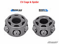 Two metal CV cage and spider parts are side by side with circular cutouts and ball bearings. The left is labeled Polaris Ranger XP 570 (PRO-FIT Cab) Heavy-Duty Axle Rhino 2.0; the right says RHINO BRAND AXLES. SuperATV logo at bottom right.