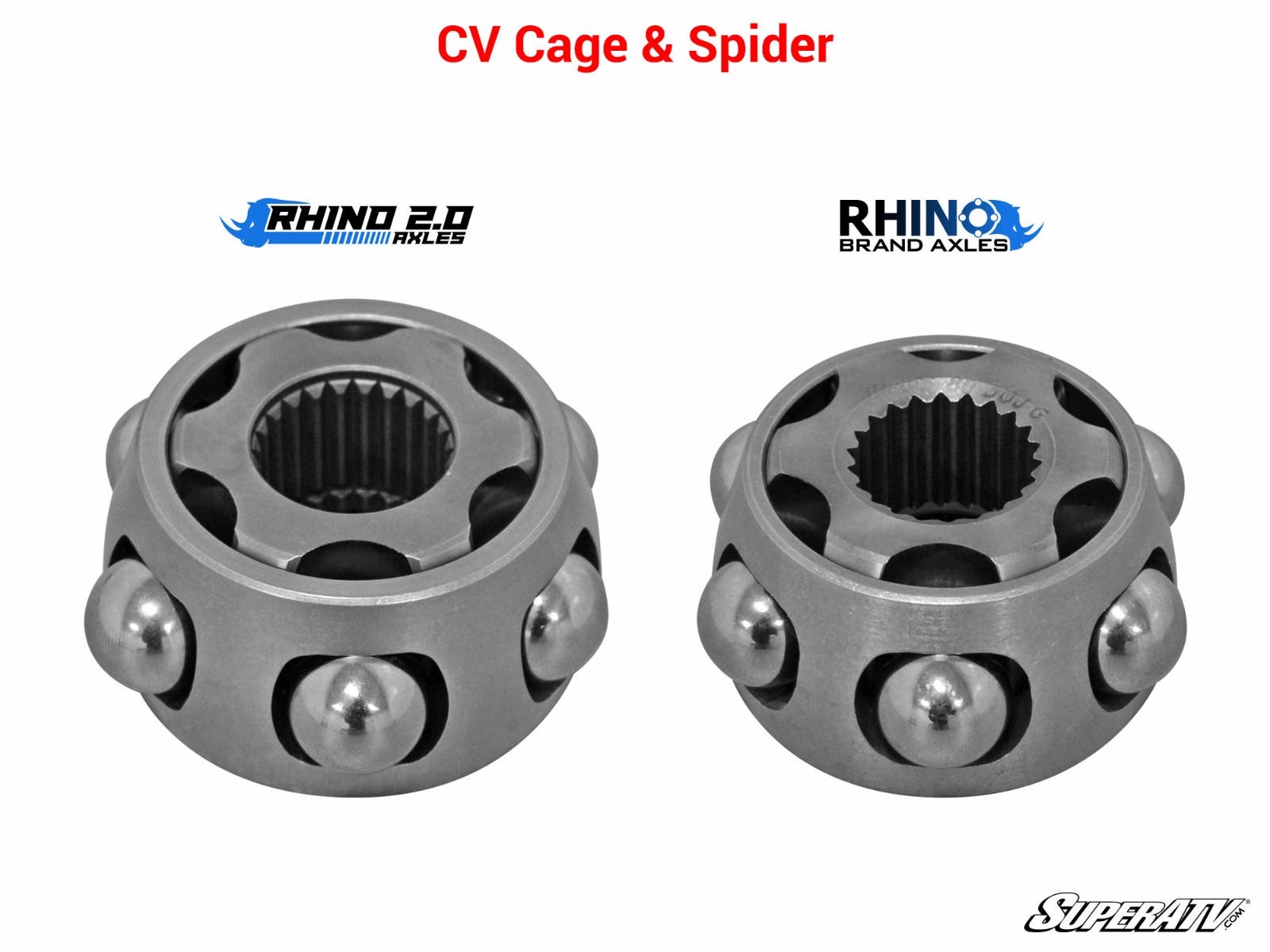 Two metal CV cage and spider components with ball bearings are shown on a white background. CV Cage & Spider is written in red above, alongside logos for Polaris Ranger XP 900 Heavy-Duty Axle Rhino 2.0 and RHINO Brand Axles. SuperATV logo is at the bottom