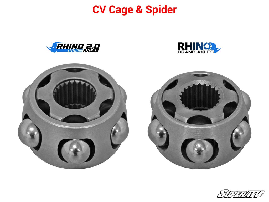 Two metal CV cage and spider components for the Polaris Ranger 500 Heavy-Duty Axle Rhino 2.0 are shown side by side on a white background, with visible ball bearings, inner splines, and logos for Rhino 2.0 Axles and Rhino Brand Axles above each part.