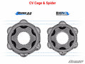 Two mechanical CV cage and spider assemblies are shown side by side against a white background—on the left is the larger Polaris Ranger 800 Heavy-Duty AxleRhino 2.0 assembly, while a smaller RHINO BRAND AXLES assembly appears on the right.