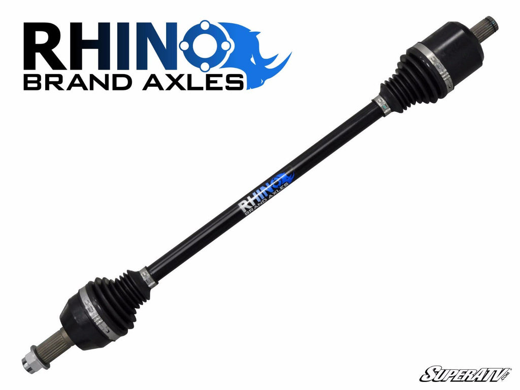 A Polaris Ranger XP 1000 Axle by Rhino Brand is shown diagonally on a white background, with thick rubber boots on each end. The RHINO BRAND AXLES logo with a blue rhino is in the top left, and SuperATV appears in the bottom right.