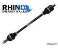 A Polaris RZR Trail S 1000 Rhino Brand axle is shown horizontally with metal joints, rubber boots at both ends, and the Rhino logo on the shaft. The top left displays the RHINO BRAND AXLES logo with a blue rhino, and SuperATV is in the bottom right.
