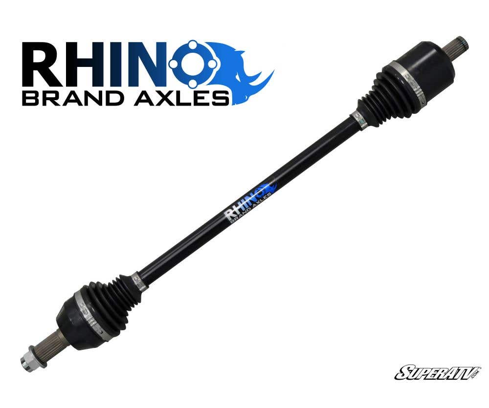 A Polaris RZR Trail S 1000 Rhino Brand axle is shown horizontally with metal joints, rubber boots at both ends, and the Rhino logo on the shaft. The top left displays the RHINO BRAND AXLES logo with a blue rhino, and SuperATV is in the bottom right.