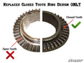 Split image of two metal ring gears: Left shows Open Tooth design with red X, right shows Closed Tooth with green check. Text above says: For Closed Tooth Ring Design ONLY. SuperATV logo at bottom right. Product: Polaris Ring and Pinion Gear Set.