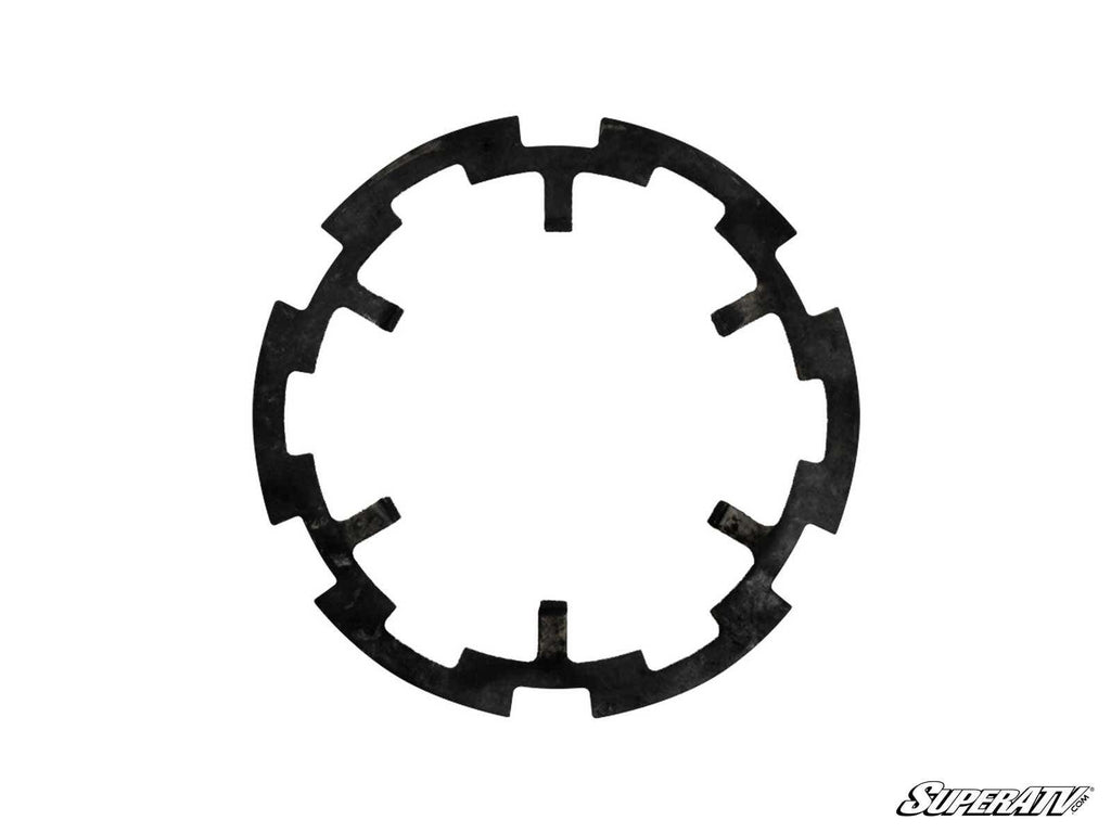 The Polaris RZR Armature Plate is a black, circular metal component featuring several evenly spaced notched slots around its edge, resembling a gear or clutch plate. The SuperATV logo appears in the bottom right corner on a white background.