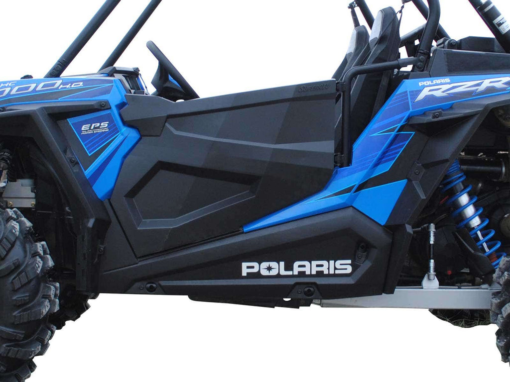 Close-up side view of a Polaris RZR S 1000 with Full Plastic Doors, showcasing the blue and black design, large rugged tire, visible Polaris logo on the lower panel, angular lines, blue suspension springs, and part of the seat.