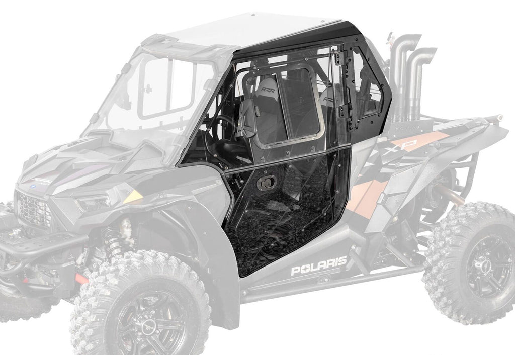 A Polaris RZR XP 1000 Cab Enclosure Door in solid black is shown on the right side, with the rest of the vehicle semi-transparent, highlighting its rugged latch, clear window, and textured lower panel built for tough outdoor conditions.