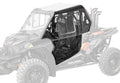 A Polaris RZR XP 1000 Cab Enclosure Door in solid black is shown on the right side, with the rest of the vehicle semi-transparent, highlighting its rugged latch, clear window, and textured lower panel built for tough outdoor conditions.