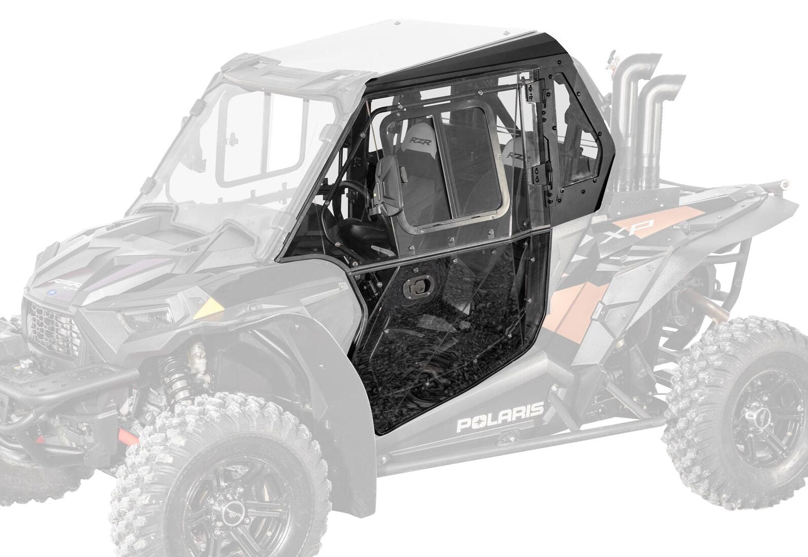 A Polaris RZR XP 1000 Cab Enclosure Door in solid black is shown on the right side, with the rest of the vehicle semi-transparent, highlighting its rugged latch, clear window, and textured lower panel built for tough outdoor conditions.