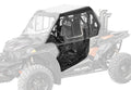A black, partially transparent Polaris RZR XP Turbo Cab Enclosure Door is installed on a side-by-side; only the cab and door are shown in solid detail while the rest of the vehicle fades, highlighting the new enclosure doors.