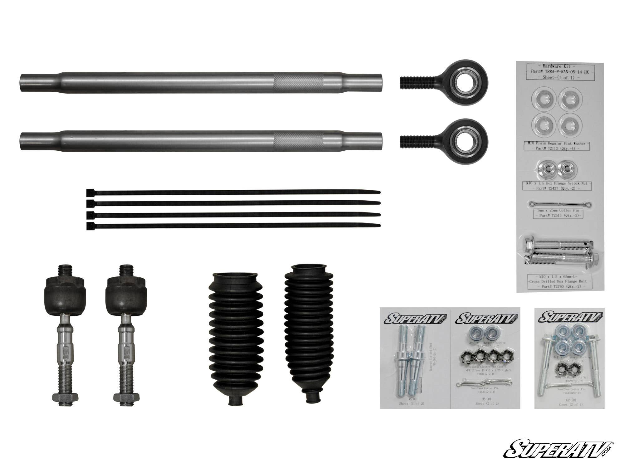 A Polaris RZR XP 1000 Heavy-Duty Swaged Tie Rod Kit is displayed on a white background, featuring two metal rods, ball joints, dust boots, rod ends, zip ties, hardware packs with bolts and nuts, washers, and three SuperATV instruction sheets.