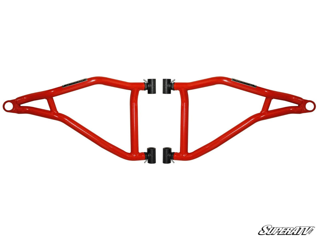 A pair of bright red Polaris RZR XP 1000 High Clearance A-Arms with black brackets are laid out symmetrically on a white background, with the SuperATV logo in stylized black and white text in the lower right corner.