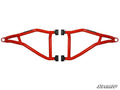 A pair of bright red Polaris RZR XP 1000 High Clearance A-Arms with black brackets are laid out symmetrically on a white background, with the SuperATV logo in stylized black and white text in the lower right corner.