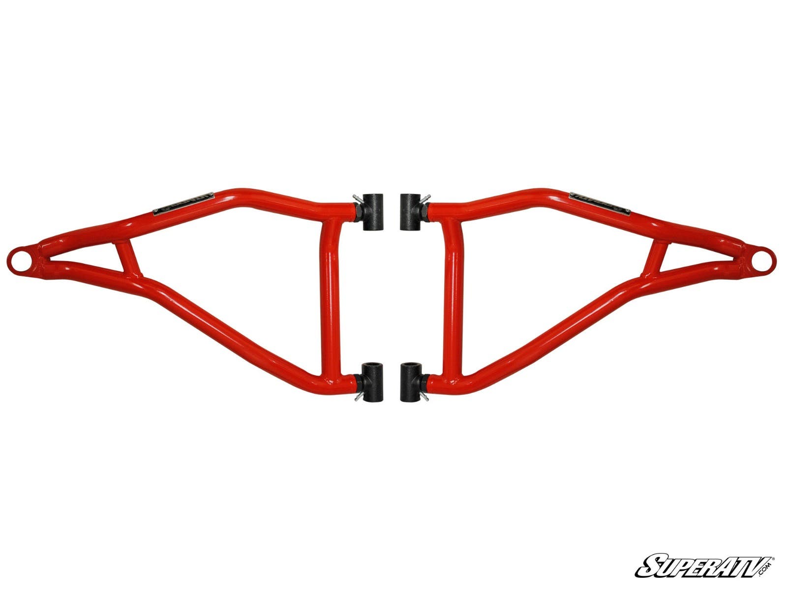 A pair of bright red Polaris RZR XP 1000 High Clearance A-Arms with black brackets are laid out symmetrically on a white background, with the SuperATV logo in stylized black and white text in the lower right corner.