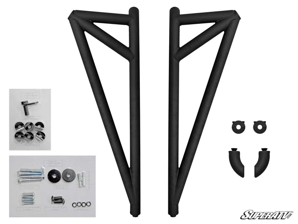 The Polaris RZR S4 1000 Nerf Bars kit includes two large black metal triangular bars, bolts, nuts, washers, hardware, two semicircular clamps, and two small curved pieces—all neatly arranged on a white background with the SuperATV logo.