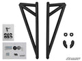 The Polaris RZR S4 1000 Nerf Bars kit includes two large black metal triangular bars, bolts, nuts, washers, hardware, two semicircular clamps, and two small curved pieces—all neatly arranged on a white background with the SuperATV logo.