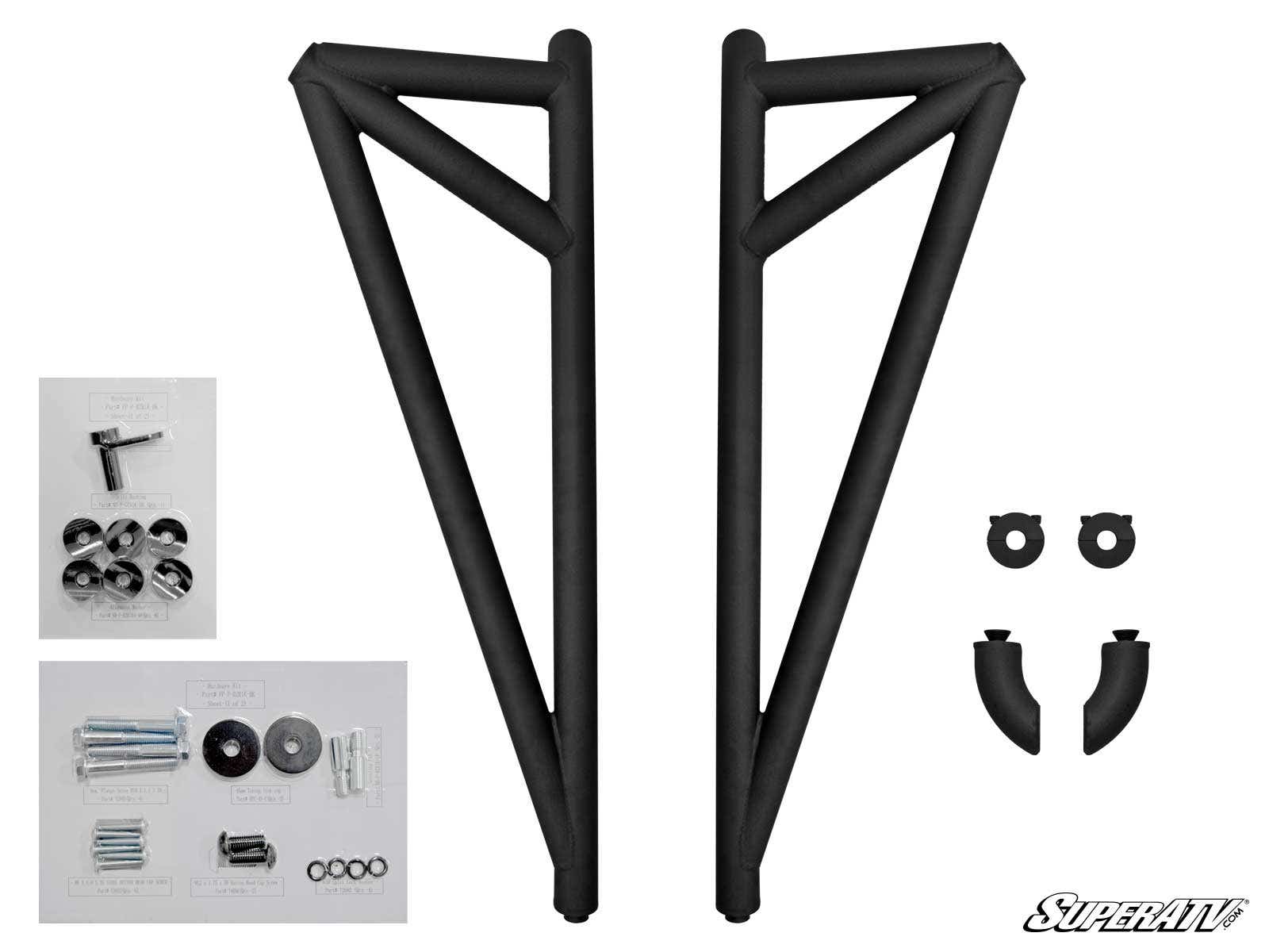 The Polaris RZR S4 1000 Nerf Bars kit includes two large black metal triangular bars, bolts, nuts, washers, hardware, two semicircular clamps, and two small curved pieces—all neatly arranged on a white background with the SuperATV logo.