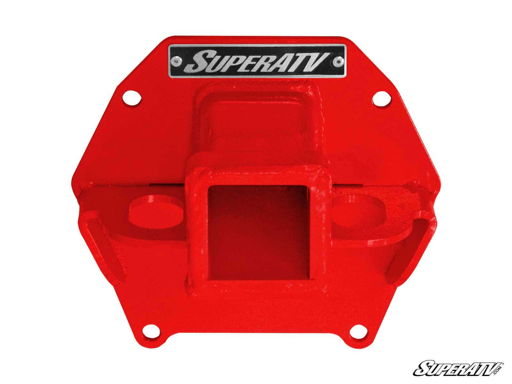The Polaris RZR XP 1000 Rear Receiver Hitch by SuperATV is a bright red, heavy-duty metal plate with a central square receiver, bolt holes on each side, and SuperATV logos at the top and bottom right, set against a white background.
