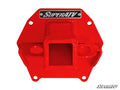 The Polaris RZR XP Rear Receiver Hitch is a bright red metal mount with a central square receiver, four bolt holes, a black and white SuperATV logo on top, and an angled SuperATV watermark in the bottom right corner.