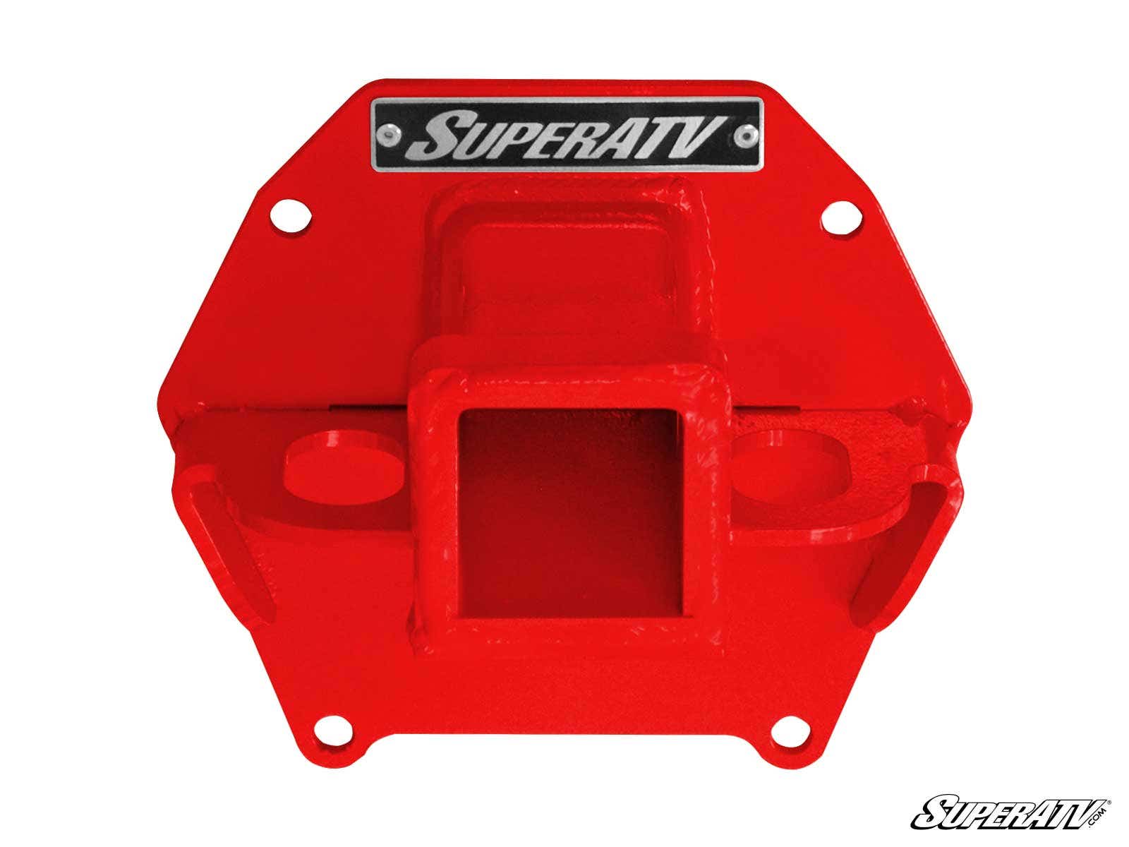 The Polaris RZR XP Rear Receiver Hitch is a bright red metal mount with a central square receiver, four bolt holes, a black and white SuperATV logo on top, and an angled SuperATV watermark in the bottom right corner.