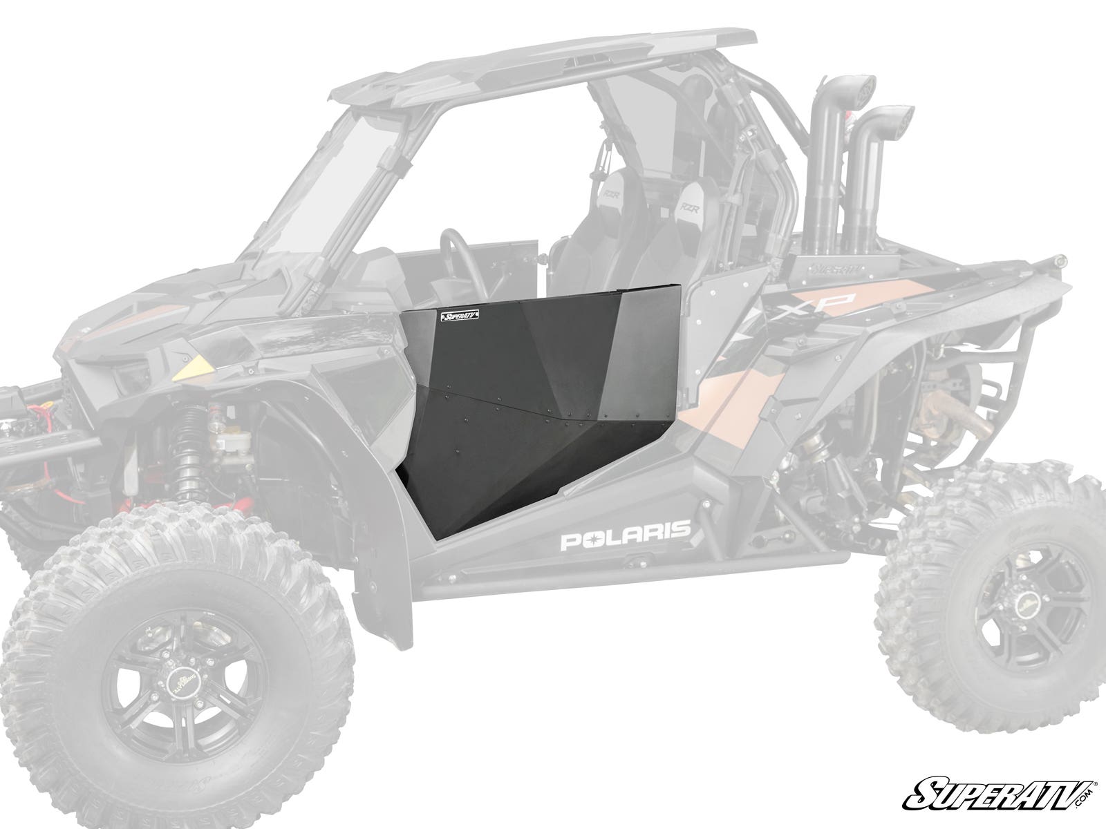 A black, angular Polaris RZR XP Turbo Aluminum Door Skin is installed as a side door on a Polaris off-road vehicle, with the rest of the vehicle faded to highlight the panel. The SuperATV logo is in the bottom right corner.