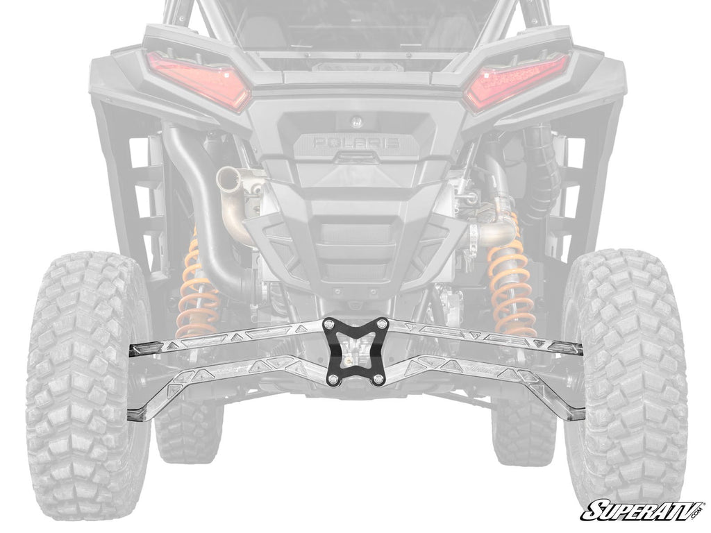 A rear view of a Polaris off-road vehicle shows the suspension and rear tires grayed out, highlighting shiny Polaris RZR XP High Clearance Billet Radius Arms from SuperATV in the center. The SuperATV logo is in the bottom right corner.