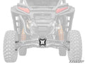 A rear view of a Polaris off-road vehicle shows the suspension and rear tires grayed out, highlighting shiny Polaris RZR XP High Clearance Billet Radius Arms from SuperATV in the center. The SuperATV logo is in the bottom right corner.