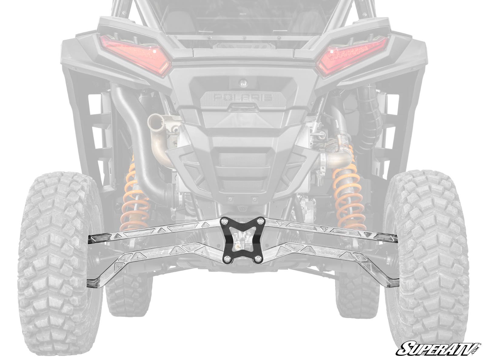 A rear view of a Polaris off-road vehicle shows the suspension and rear tires grayed out, highlighting shiny Polaris RZR XP High Clearance Billet Radius Arms from SuperATV in the center. The SuperATV logo is in the bottom right corner.